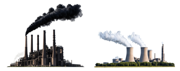 Industrial factories emitting smoke on white background, pollution illustration of coal and nuclear power plants for environmental awareness and education