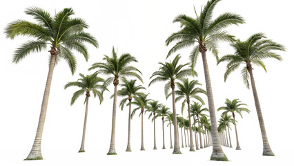 Group of Elegant Palm Trees with Tall Trunks and Green Fronds, Isolated on White Background