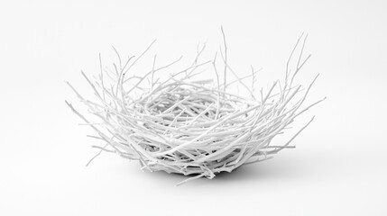 Natural-looking white twig nest placed on a plain background showcasing intricate details of construction