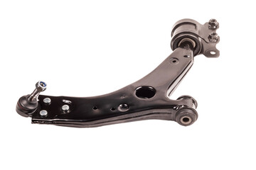 Automotive control arm with hinge and bushings displayed on a plain background for engineering analysis and design purposes