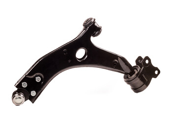 Automotive control arm with hinge and bushings displayed on a plain background for engineering...