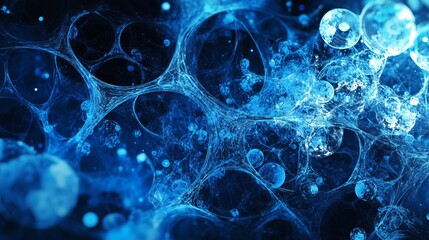 Abstract blue network with interconnected circles and glowing spheres in a dark background