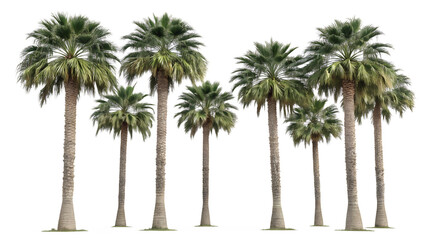 Obraz premium Group of Elegant Palm Trees with Tall Trunks and Green Fronds, Isolated on White Background