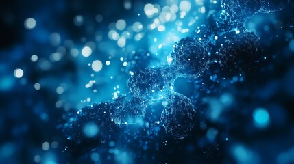 Abstract blue network structure with bokeh effect and glowing particles in dark background