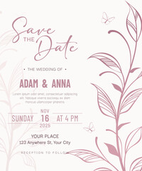 Decorative spring pastel background with hand drawn flowers, branches with leaves for card invitation and wedding