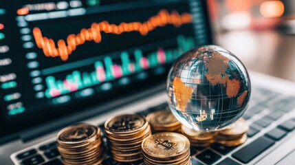 Global economic trends a glass globe atop coin stacks, with a laptop screen displaying market data.