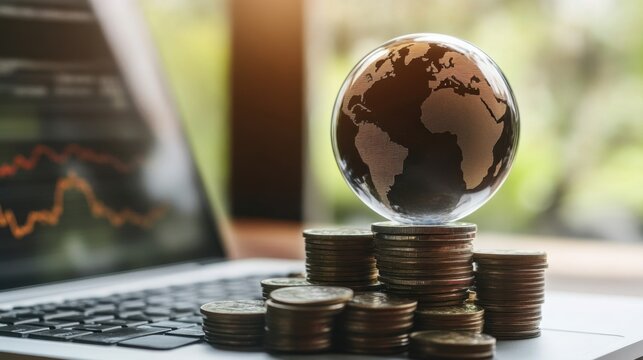 Global economic trends a glass globe atop coin stacks, with a laptop screen displaying market data. - Powered by Adobe