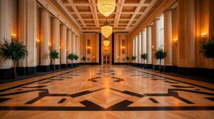 Fototapeta premium Elegant Art Deco Ballroom Interior with Grand Chandeliers and Graceful Architecture