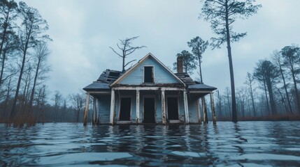 Fototapeta premium Abandoned house submerged in water surrounded by trees during overcast weather