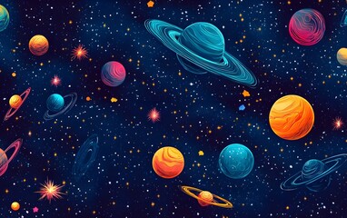 Vibrant Cosmic Planets Seamless Pattern Space Galaxy Stars Background Illustration Design sky art neon night  