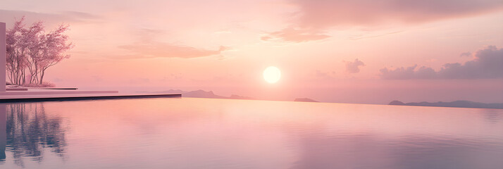 Naklejka premium Ethereal Pink Horizon: Dreamy Skyscape Reflecting Pastel Clouds and Tranquil Waters at Sunset