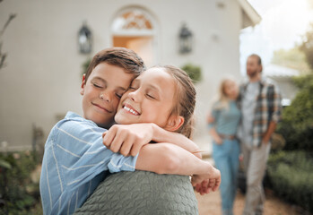 Fototapeta premium Children, hug and eyes closed with smile, excited and together for playful, fun and joy in garden or backyard. Girl, boy and embrace as family for bonding, love or support with happiness in Australia