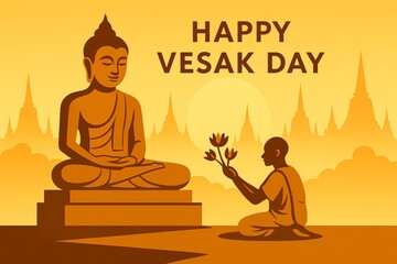 Happy Vesak Day Minimal Vector – Monk Offering Flowers to Buddha with Sunset Background and Temple Silhouettes for a Calm Spiritual Scene