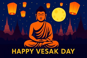 Happy Vesak Day Lantern – Flat Design of Buddha Statue with Glowing Sky Lanterns, Stupas, and Moonlight in a Peaceful Evening Scene