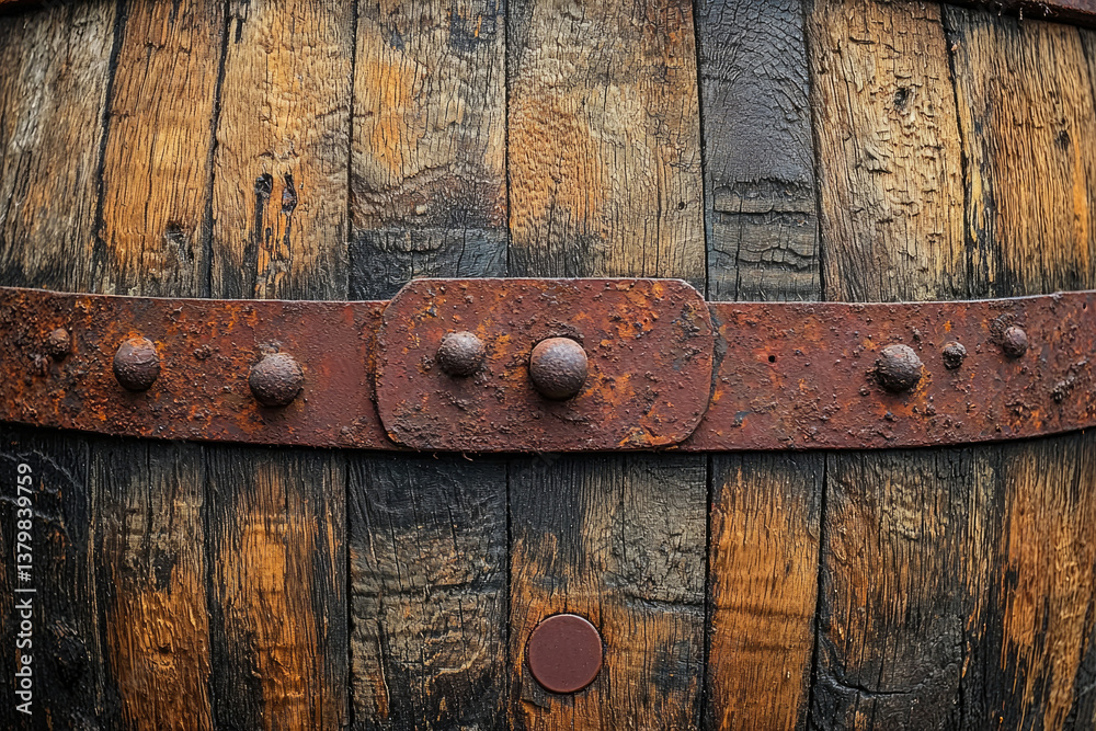 Poster close-up of rustic wooden barrel with rusty iron bands, showing texture and age.