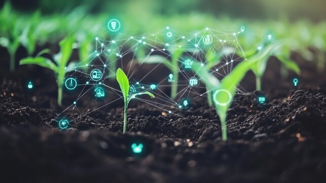 Maize seedlings emerging from dark soil with interactive digital icons visualizing crop health data.