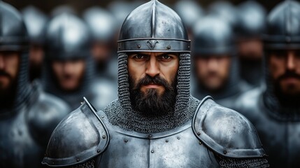group of serious, armored soldiers gathers in formation at a reenactment, showcasing medieval battle gear and historical attire with determination in their expressions