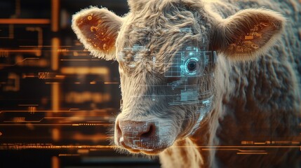 Modern livestock farming a Holstein cow with augmented reality overlays monitoring body temperature and nutrition.
