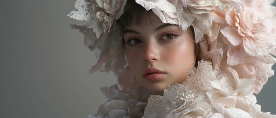 Fototapeta premium Dreamy portrait of a young Caucasian woman wearing a floral headpiece and dress in a studio setting Concept of beauty, fashion, and ethereal elegance