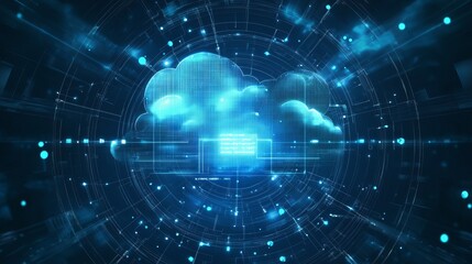 Digital cloud computing with glowing blue lights and network connections in cyberspace concept art