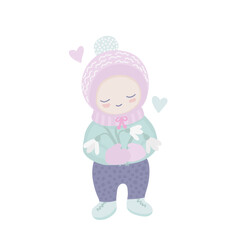 Springtime art of a little kid smiling and holding snowdrops. The cute character is dressed in warm outerwear. This kind illustration in soft pastel colors. Perfect for prints, cards, stickers.