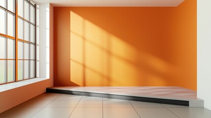 cozy and inviting room showcases a vivid orange wall and large windows that allow sunlight to stream in, casting interesting shadows on the floor and accentuating the minimalist design