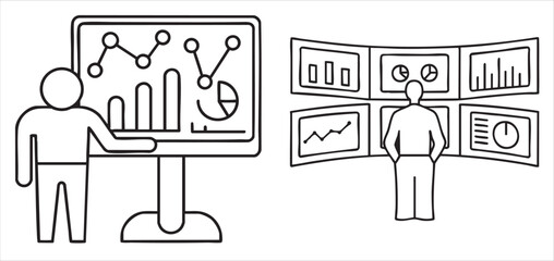 Illustration of a person analyzing data on a screen with various charts and graphs.
