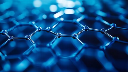 Close up of a blue hexagonal molecular structure with connecting lines and nodes in focus