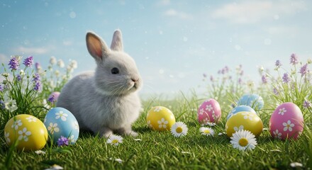 Colorful Easter Eggs in a Spring Meadow with Bright Sunlight, Green Grass, and Tree Leaves