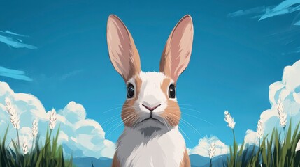 Whimsical Easter Rabbit in Comic Book Art Style Surrounded by Nature and Blue Sky