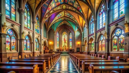 Obraz premium Expansive Interior of a Church with Large Stained Glass Windows