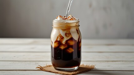 Cold brew coffee with milk on white wooden table