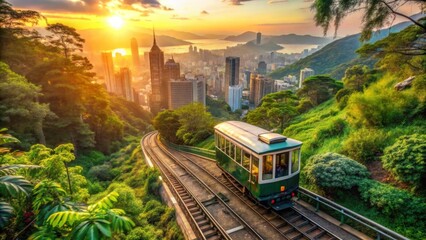 Naklejka premium Green Tram Traveling Through Scenic Victoria Peak at Sunset
