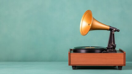 Vintage Gramophone with Golden Horn on a Solid Color Background