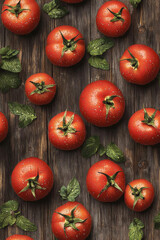 Fresh red tomatoes with green leaves on wooden surface create vibrant and natural display