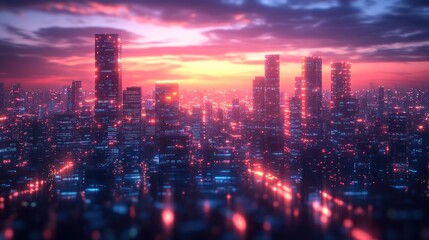 Obraz premium Futuristic city skyline at vibrant sunset