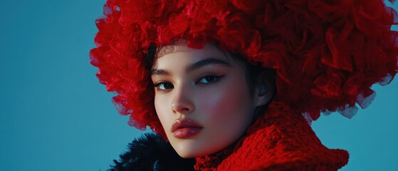 Elegant Asian woman with red floral headpiece in studio portrait Fashionable young adult with creative makeup and glossy lips against blue background