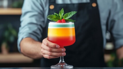 Bartender Creating a Layered Cocktail with Fresh Ingredients and Colorful Presentation