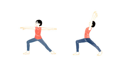 戦士のポーズ（英雄のポーズ）をする女性のセット　ヨガ・ストレッチの手描き水彩イラスト素材