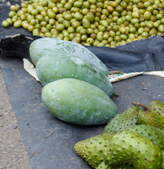 A bunch of green fruit including a green mango and a green melon