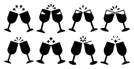 Set of black silhouette icons of champagne glasses toasting. Celebration, party, anniversary, success, holiday, New Year, Christmas, wedding, event concept.