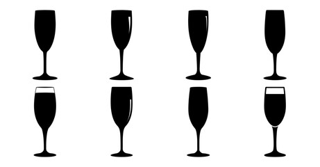 Collection of black silhouette wine glasses, empty and half full.  Perfect for menus, wine lists, or beverage concepts.