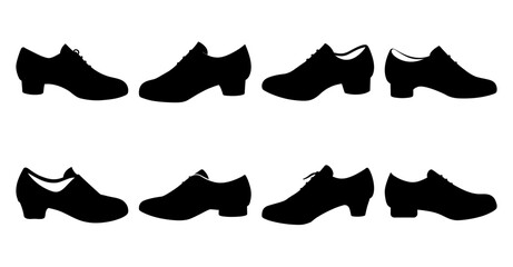 Set of black dance shoes illustrations in various angles and views. Perfect for dance studios, websites, or related designs.