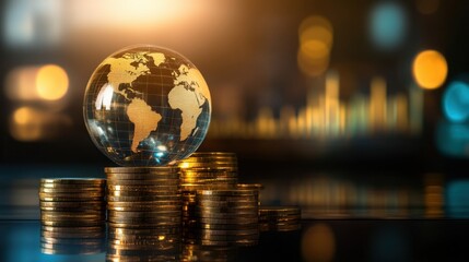 Worldwide business strategy a transparent globe on stacked gold coins, with an analytical market dashboard in view.
