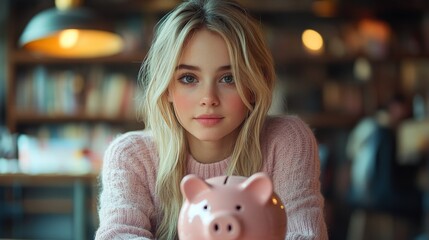 Obraz premium Young woman with piggy bank, looking hopeful at the camera in a soft interior