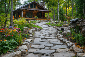 Rustic log cabin nestled in a lush forest, accessed by a charming stone pathway.