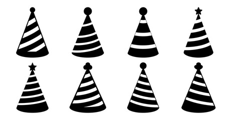 Collection of black and white party hat icons.  Perfect for celebrations, birthdays, and festive designs.