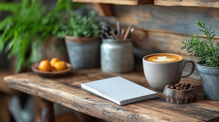 Rustic coffee shop scene with a latte, notebook, and plants