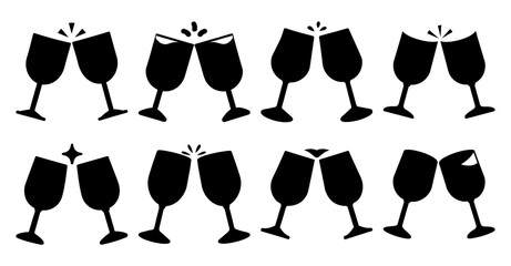 Collection of black silhouette wine glasses toasting.  Perfect for celebration, party, and event designs.