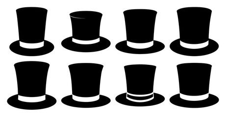 Collection of black top hat silhouettes.  Various styles and designs for fashion, illustration, or graphic design.